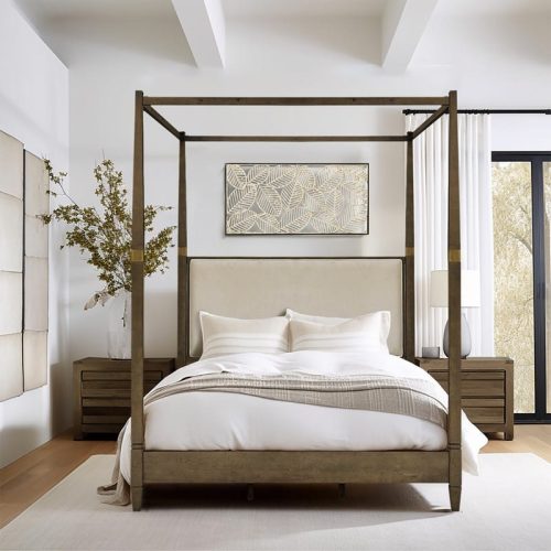 Brown Wood & Fabric Canopy Queen Bed