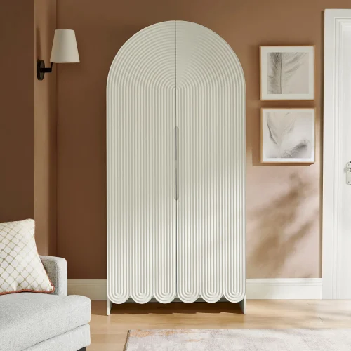Fluted and Scalloped Arched Laminated Wood Storage Cabinet in White