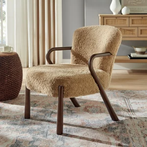 Faux Shearling Accent Armchair in Sand with Round Wood Frame