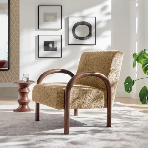 Faux Shearling Accent Armchair in Sand with Bold Wood Frame