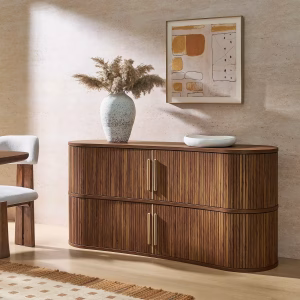 Curved Fluted Walnut Wood Sideboard Buffet Cabinet 63"