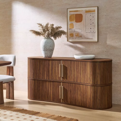Curved Fluted Walnut Wood Sideboard Buffet Cabinet 63"