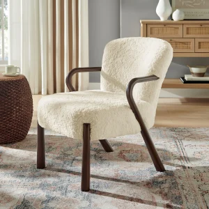 Faux Shearling Accent Armchair in Ecru with Round Wood Frame