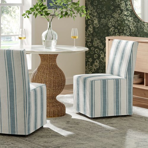 Blue Striped Slipcovered Armless Dining Side Chair