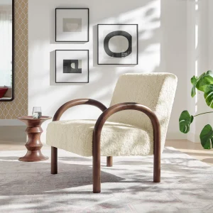 Faux Shearling Accent Armchair in Ecru with Bold Wood Frame