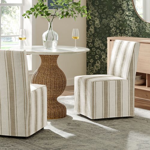 Striped Slipcovered Dining Side Chair in Tan