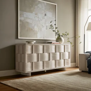 Woven Design Buffet Storage Cabinet in White Wash 71" Long