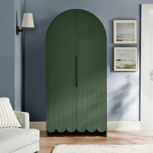 Fluted and Scalloped Arched Laminated Wood Storage Cabinet in Sage