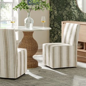 Striped Slipcovered Dining Side Chair in Tan