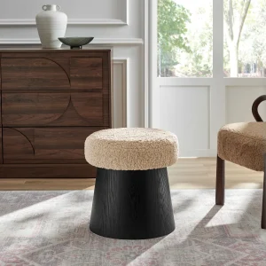 Round Faux Shearling Ottoman Footstool in Oatmeal Black