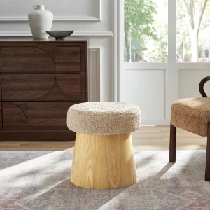 Round Faux Shearling Ottoman Footstool in Oatmeal Oak