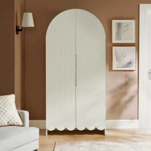 Fluted and Scalloped Arched Laminated Wood Storage Cabinet in White