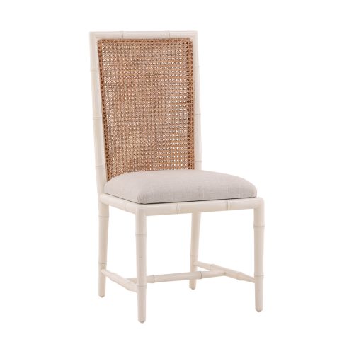 Cream Wood Armless Dining Chair Cane Back Linen Seat Set 2