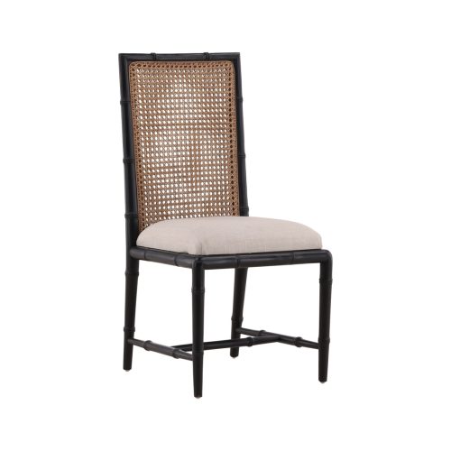 Black Wood Armless Dining Chair Cane Back Linen Seat Set 2