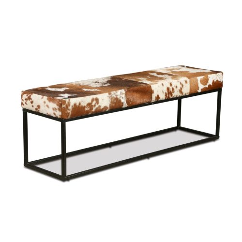 Brown White Hair on Hide Bench Black Metal Frame