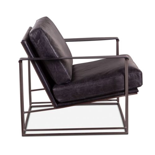 Ebony Black Leather Sling Arm Metal Frame Lounge Arm Chair