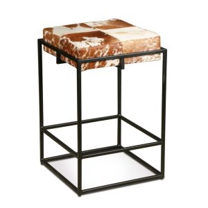 Brown White Hair on Hide Backless Counter Stool Iron Frame