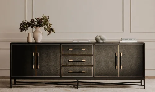 Extra Long Art Deco Dark Oak Sideboard Cabinet Metal Legs