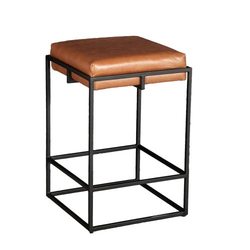 Brown Cognac Leather Backless Counter Stool Iron Frame