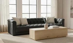 Button Tufted Top Grain Deep Brown Leather Sofa