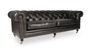 Black Top-Grain Leather Chesterfield Style Sofa with Casters