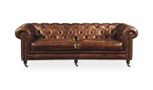 Dark Brown Top-Grain Leather Chesterfield Style Sofa with Casters