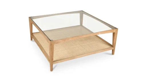Woven Natural Cane Glass Square Coffee Table with Shelf