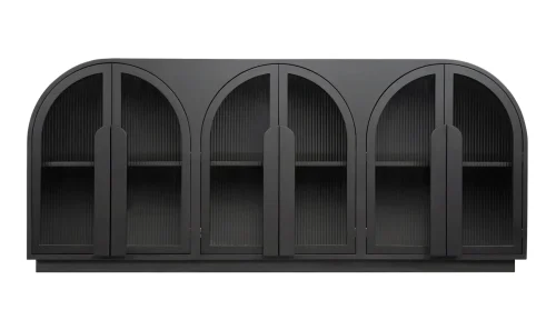 Reeded Tempered Glass Arched Doors Black Wood Sideboard