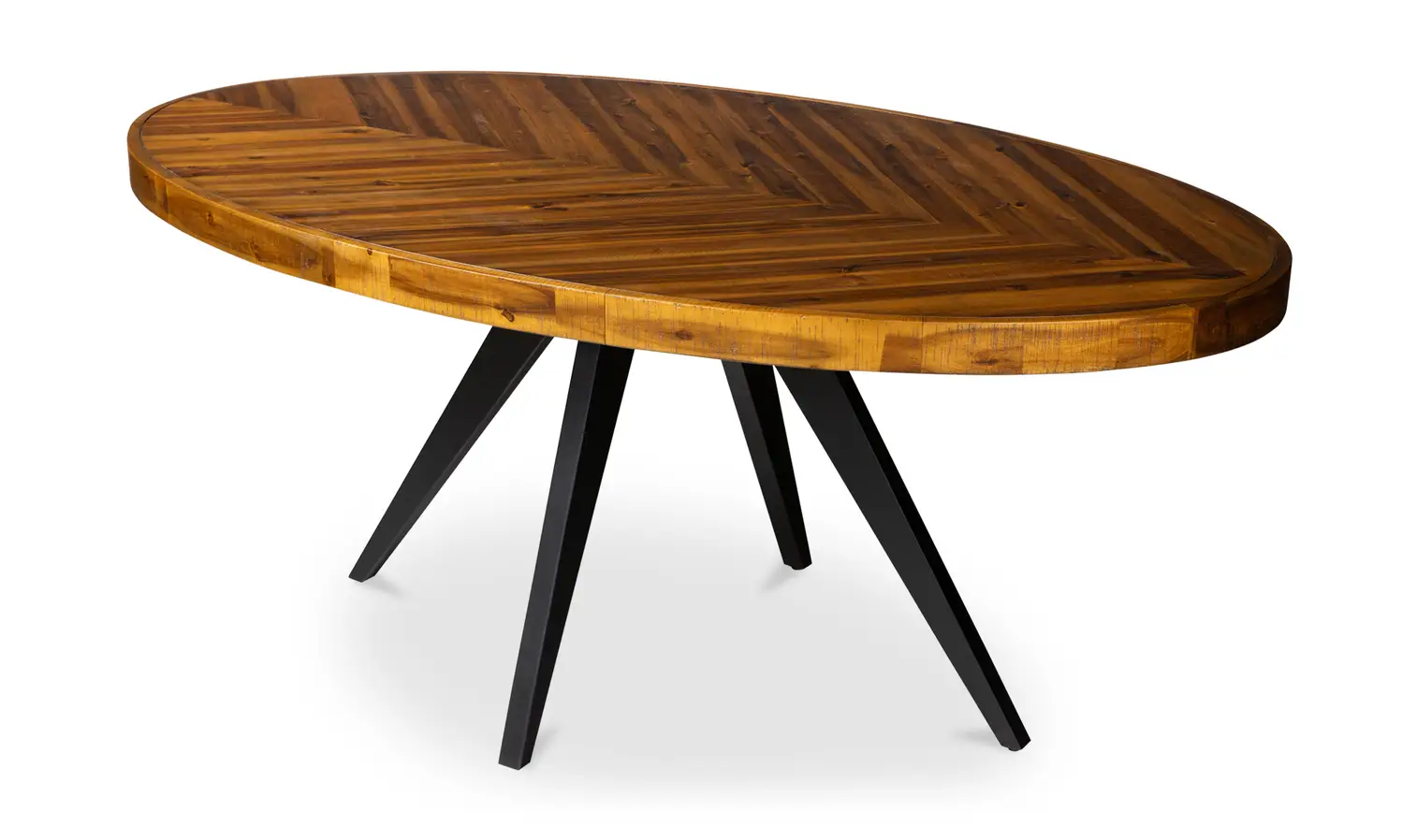 Parquet Pattern Handcrafted Oval Dining Table Black Metal Legs