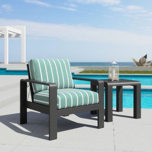 Green Stripe Fabric Powder Coated Black Aluminum Outdoor Armchair