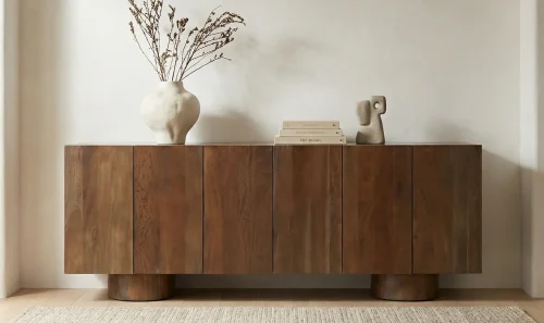 Warm Brown Reclaimed Wood Thick Cylintrical Base Sideboard