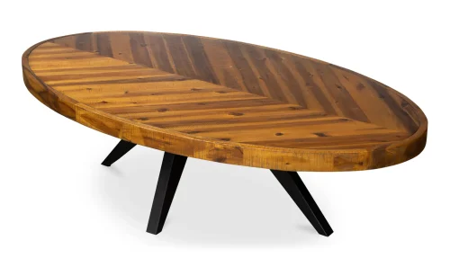 Parquet Pattern Handcrafted Oval Coffee Table Black Metal Legs