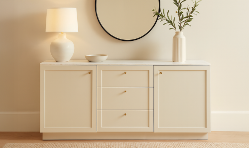 Cream Wood Marble Top 2 Door 3 Drawer Sideboard