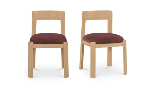 Natural Solid Oak Airy Frame Rich Berry Fabric Seat Dining Chair Set 2