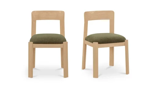 Natural Solid Oak Airy Frame Dark Green Fabric Seat Dining Chair Set 2