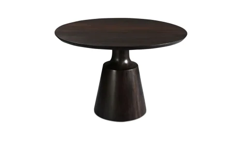 Deep Brown Round Wood Dining Table with Bell Bottom Pedestal