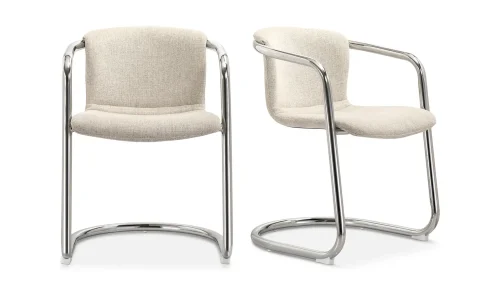 Modern Industrial Chrome and Cream Fabric Dining Chair Set 2