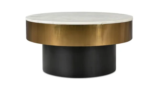 Art Deco Round Brass Marble Black Base Coffee Table