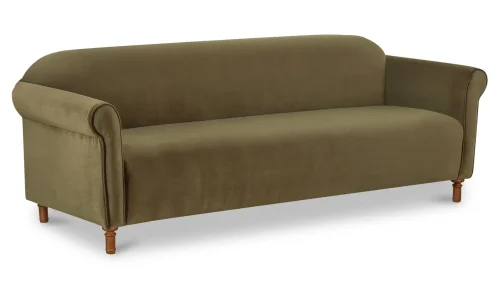 Faux Mohair Deep Green Velvet Rolled Arm Salon Sofa