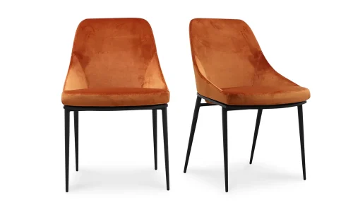 Burnt Orange Velvet Tapered Black Steel Legs Dining Chairs Set 2