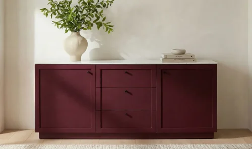 Deep Burgundy Wood Marble Top 2 Door 3 Drawer Sideboard
