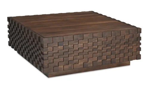 Square Geometric Pattern Brown Acacia Storage Drawer Coffee Table