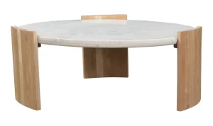 Oak Curved Leg Round Marble Top Coffee Table