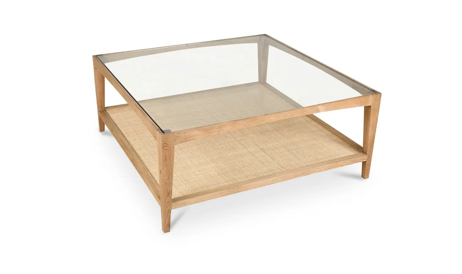 Woven Natural Cane Glass Square Coffee Table with Shelf