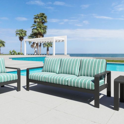 Green Stripe Fabric Powder Coated Black Aluminum Outdoor Sofa