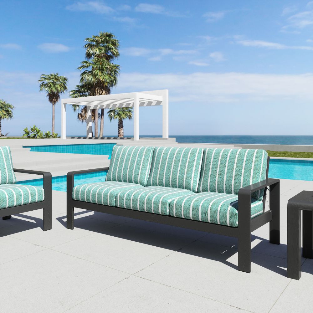 Green Stripe Fabric Powder Coated Black Aluminum Outdoor Sofa