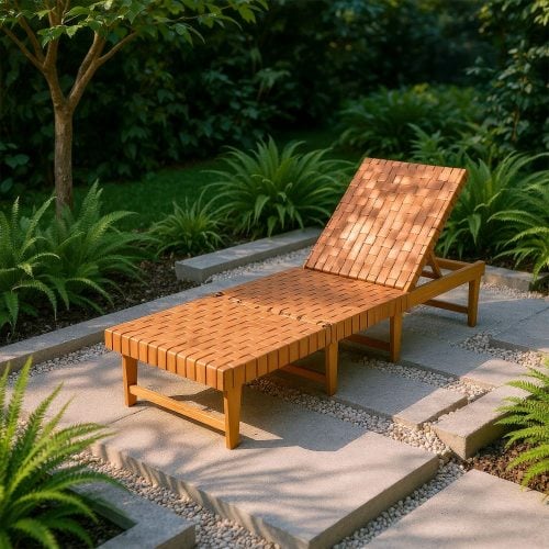 Synthetic Woven Rattan and Acacia Wood Outdoor Chaise Lounge