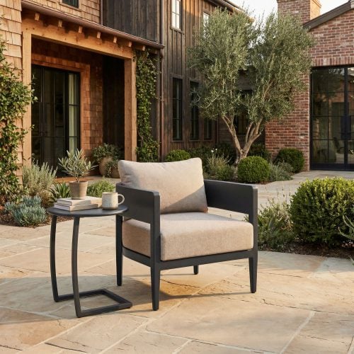 Outdoor Arm Chair Beige Cushion and Black Powder Coated Aluminum Frame