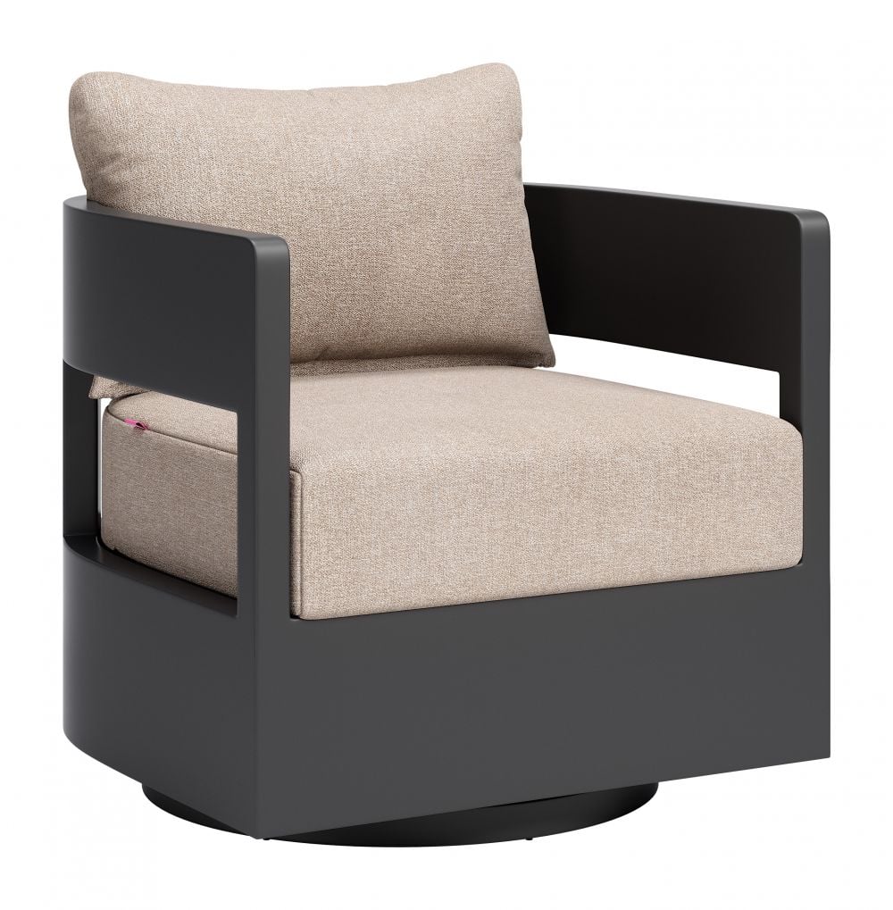 Outdoor Swivel Arm Chair Beige Cushion Black Powder Coated Frame