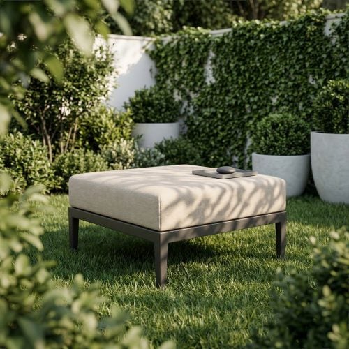Outdoor Ottoman Beige Cushion and Black Powder Coated Aluminum Frame